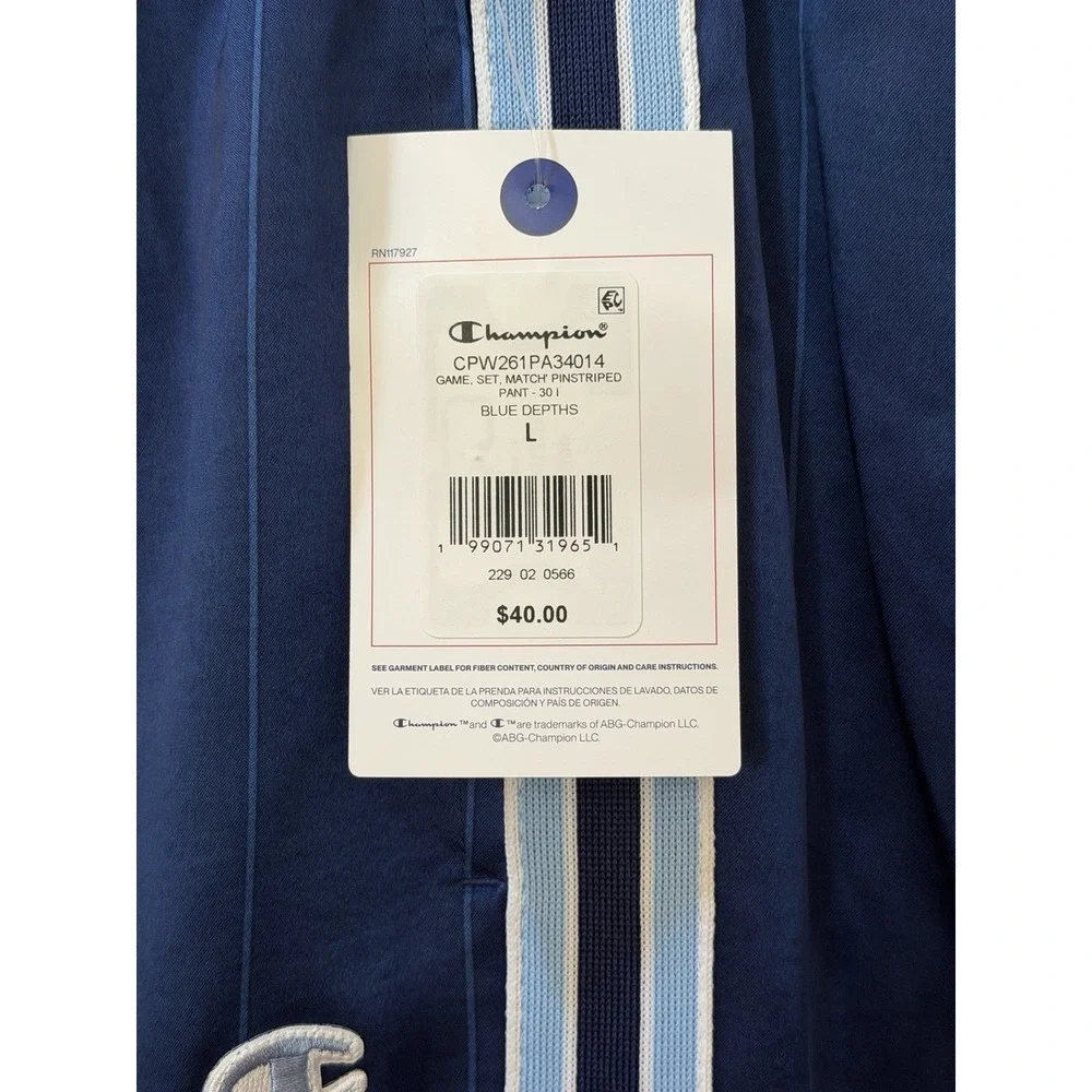 Champion Women's Game Set Match Pants~ Blue Depths Pinstripe Size L NWT